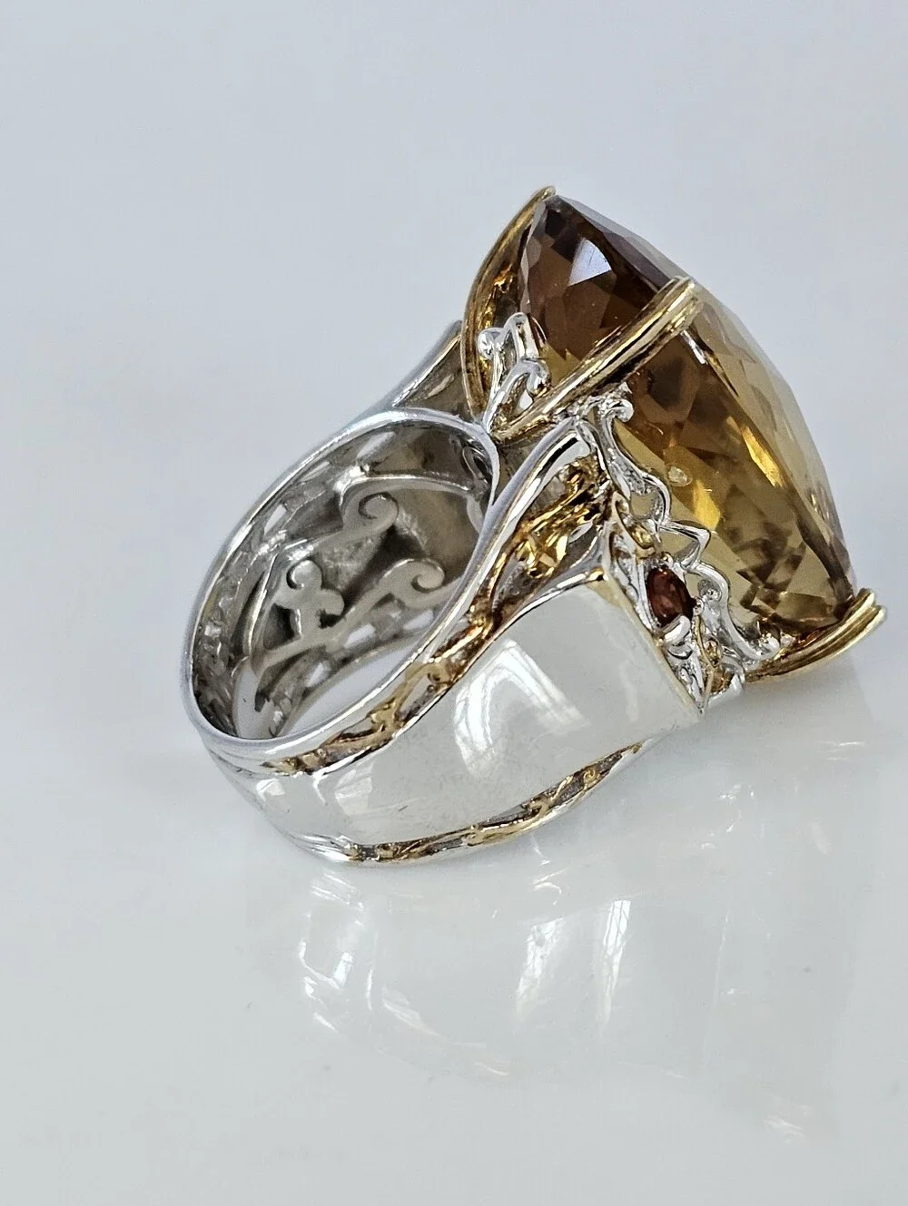 Genuine Huge Oval Citrine & Red Garnet Ring Palladium Sterling Silver 18K Sz 5!